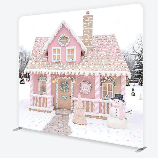 Lofaris Pink Gingerbread House Tension Fabric Backdrop Candy Cane Snowman Winter Background Christmas Kids Party Decoration