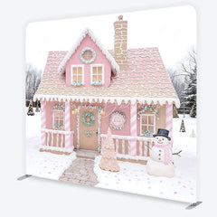 Lofaris Pink Gingerbread House Tension Fabric Backdrop Candy Cane Snowman Winter Background Christmas Kids Party Decoration