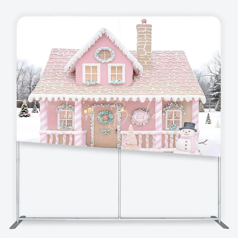 Lofaris Pink Gingerbread House Tension Fabric Backdrop Candy Cane Snowman Winter Background Christmas Kids Party Decoration