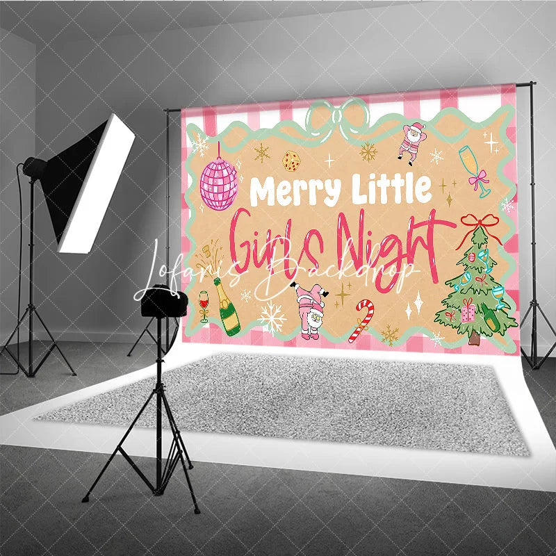 Lofaris Pink Gingham Merry Little Girls Night Holiday Backdrop Festive Disco Ball and Santa Christmas Tree Party Decor.