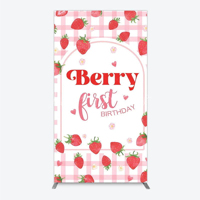 Lofaris Pink Gingham Strawberry Berry First Birthday Rectangle Arch Backdrop with Cute Hearts and Flowers Sweet Party Decor.