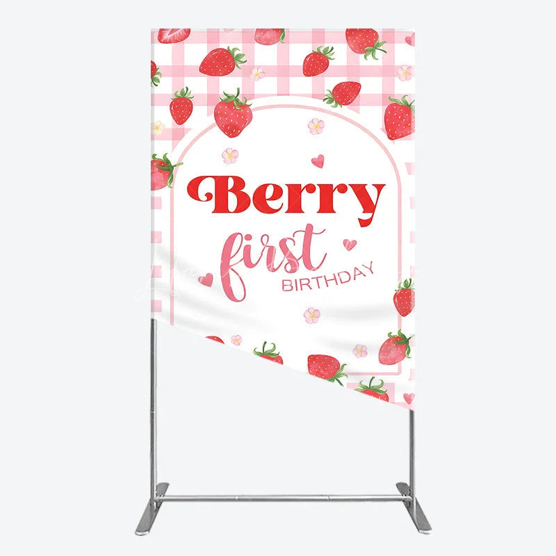 Lofaris Pink Gingham Strawberry Berry First Birthday Rectangle Arch Backdrop with Cute Hearts and Flowers Sweet Party Decor.