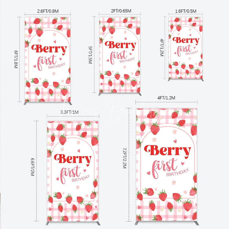 Lofaris Pink Gingham Strawberry Berry First Birthday Rectangle Arch Backdrop with Cute Hearts and Flowers Sweet Party Decor.