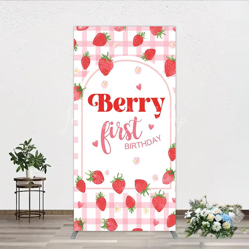 Lofaris Pink Gingham Strawberry Berry First Birthday Rectangle Arch Backdrop with Cute Hearts and Flowers Sweet Party Decor.