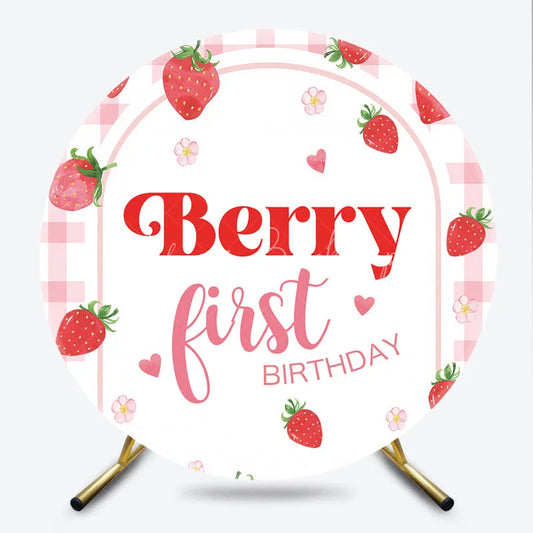 Lofaris Pink Gingham Strawberry Berry First Birthday Round Backdrop Sweet Baby Girl Party Decoration