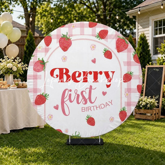 Lofaris Pink Gingham Strawberry Berry First Birthday Round Backdrop Sweet Baby Girl Party Decoration