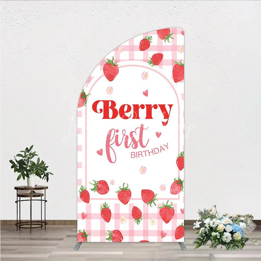 Lofaris Pink Gingham Strawberry Half Moon Arch Backdrop for Berry First Birthday Sweet Celebration Party Decor.