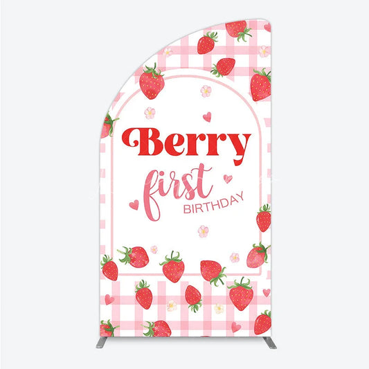 Lofaris Pink Gingham Strawberry Half Moon Arch Backdrop for Berry First Birthday Sweet Celebration Party Decor.