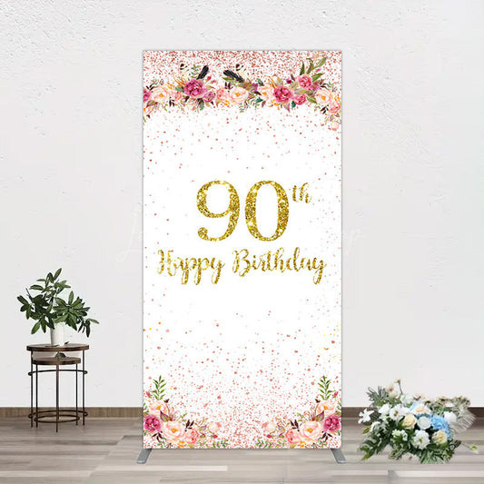 Lofaris Pink Glitter Floral Gold 90th Birthday Rectangle Backdrop