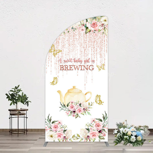 Lofaris Pink Glitter Floral Teapot Baby Shower Half Moon Arch Backdrop
