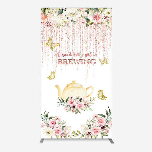 Lofaris Pink Glitter Floral Teapot Baby Shower Rectangle Backdrop