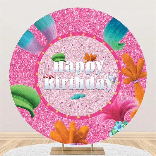Lofaris Pink Glitter Round Happy Birthday Backdrop Colorful Cartoon Hair and Hat Design for Kids Party