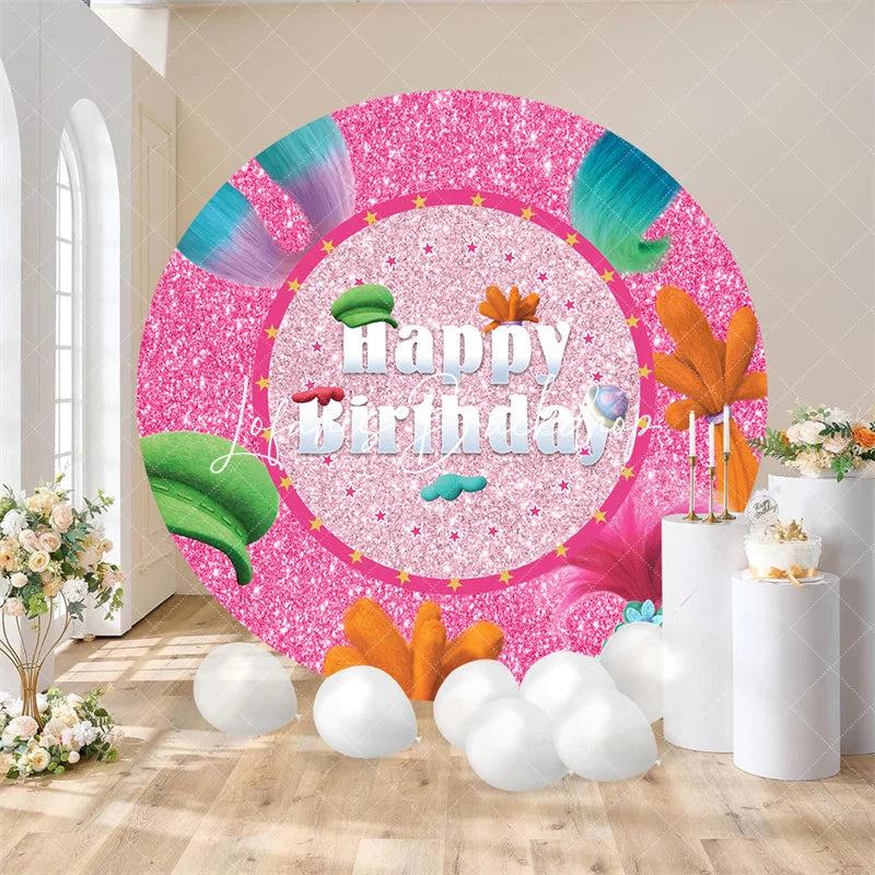 Lofaris Pink Glitter Round Happy Birthday Backdrop Colorful Cartoon Hair and Hat Design for Kids Party