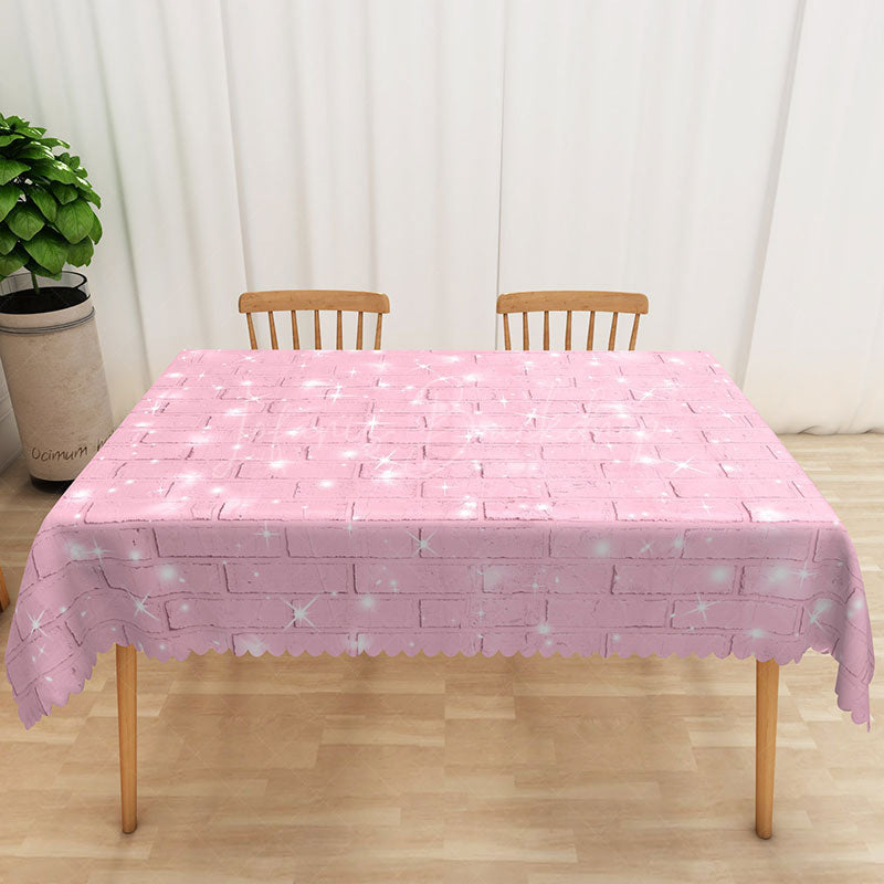 Lofaris Pink Glitter Star Tablecloth with Faux Brick Wall Pattern for Girls Birthday Party and Sweet 16 Decor