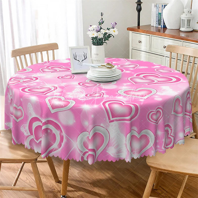 Lofaris Pink Glowing Heart Butterfly Round Tablecloth Dreamy Shiny Love Table Cover for Wedding