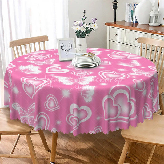 Lofaris Pink Glowing Heart Butterfly Round Tablecloth Romantic Shiny Love Table Cover for Valentine