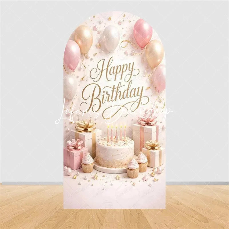Lofaris Pink Gold Balloons Cake Arch Backdrop Happy Birthday Party Cover with Gifts Decor
