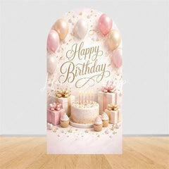 Lofaris Pink Gold Balloons Cake Arch Backdrop Happy Birthday Party Cover with Gifts Decor