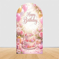 Lofaris Pink Gold Balloons Cake Arch Backdrop Happy Birthday Party Cover with Gifts Decor