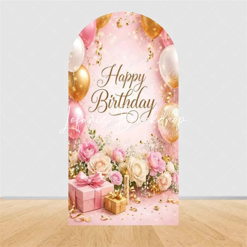 Lofaris Pink Gold Balloons Cake Arch Backdrop Happy Birthday Party Cover with Gifts Decor