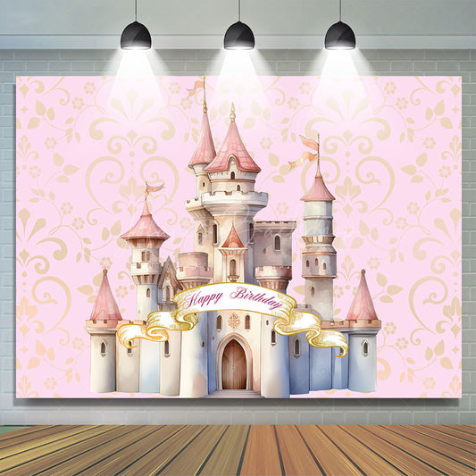 Lofaris Pink Gold Cartoon Castle Happy Birthday Backdrop
