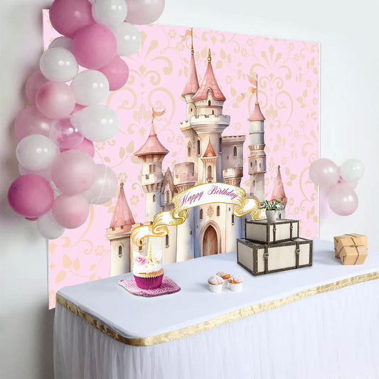 Lofaris Pink Gold Cartoon Castle Happy Birthday Backdrop
