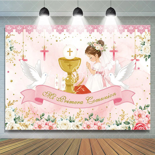 Lofaris Pink Gold First Communion Praying Girl with Chalice Doves Floral Birthday Backdrop Mi Primera Comunion Party Decor