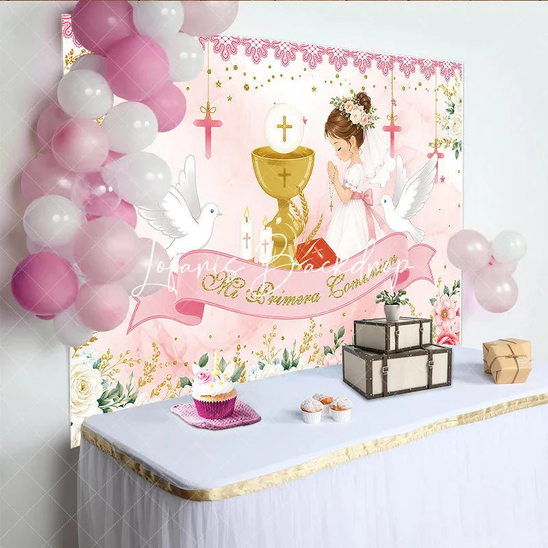 Lofaris Pink Gold First Communion Praying Girl with Chalice Doves Floral Birthday Backdrop Mi Primera Comunion Party Decor