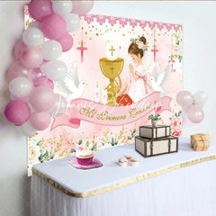Lofaris Pink Gold First Communion Praying Girl with Chalice Doves Floral Birthday Backdrop Mi Primera Comunion Party Decor