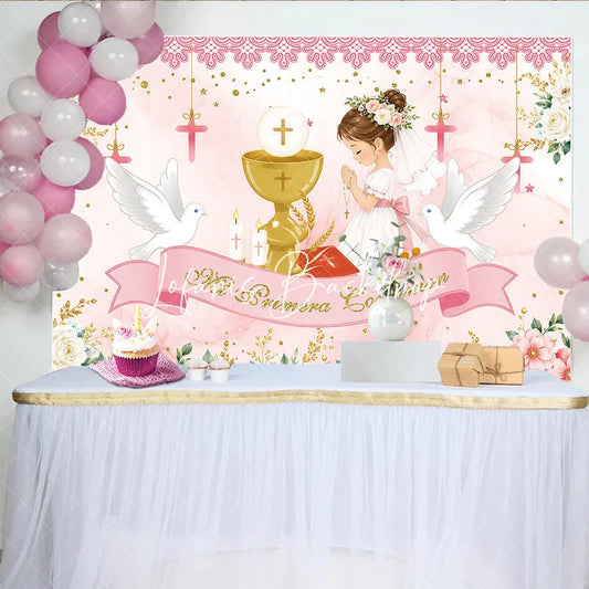 Lofaris Pink Gold First Communion Praying Girl with Chalice Doves Floral Birthday Backdrop Mi Primera Comunion Party Decor