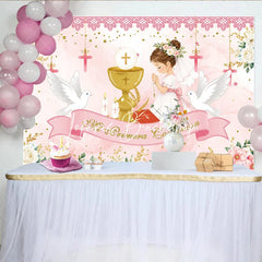 Lofaris Pink Gold First Communion Praying Girl with Chalice Doves Floral Birthday Backdrop Mi Primera Comunion Party Decor