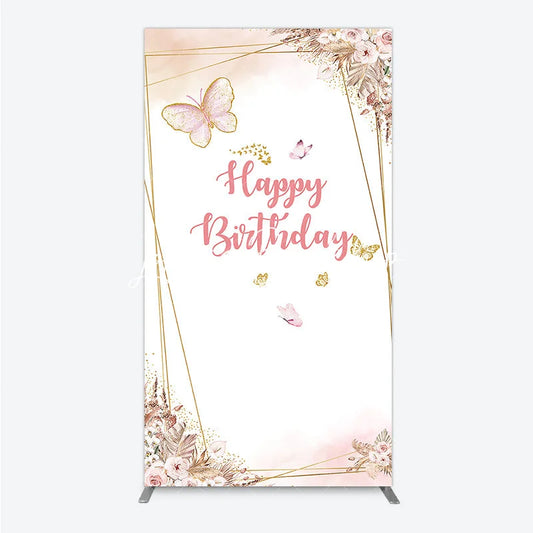 Lofaris Pink Gold Glitter Butterfly Happy Birthday Floral Geometric Rectangle Arch Backdrop Bohemian Party Decor.