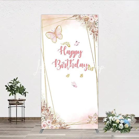 Lofaris Pink Gold Glitter Butterfly Happy Birthday Floral Geometric Rectangle Arch Backdrop Bohemian Party Decor.