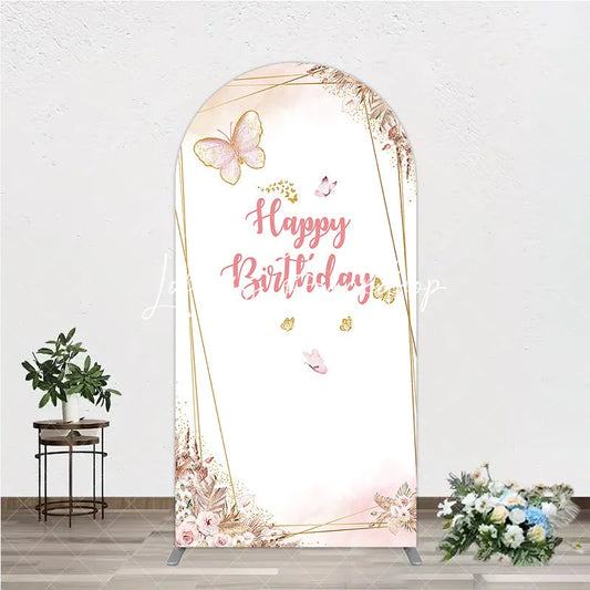 Lofaris Pink Gold Glitter Butterfly Round Top Arch Backdrop Happy Birthday Elegant Floral Party Decoration