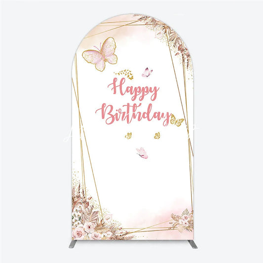 Lofaris Pink Gold Glitter Butterfly Round Top Arch Backdrop Happy Birthday Elegant Floral Party Decoration