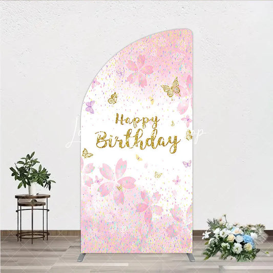 Lofaris Pink Gold Glitter Happy Birthday Half Moon Arch Backdrop with Cherry Blossoms and Butterflies Pastel Confetti Decor