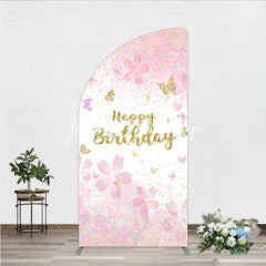 Lofaris Pink Gold Glitter Happy Birthday Half Moon Arch Backdrop with Cherry Blossoms and Butterflies Pastel Confetti Decor