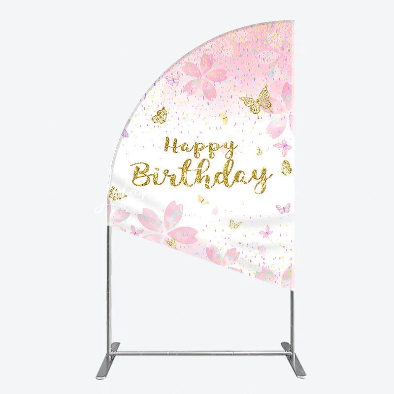 Lofaris Pink Gold Glitter Happy Birthday Half Moon Arch Backdrop with Cherry Blossoms and Butterflies Pastel Confetti Decor