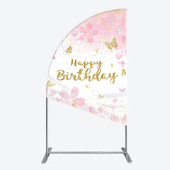 Lofaris Pink Gold Glitter Happy Birthday Half Moon Arch Backdrop with Cherry Blossoms and Butterflies Pastel Confetti Decor