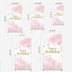 Lofaris Pink Gold Glitter Happy Birthday Half Moon Arch Backdrop with Cherry Blossoms and Butterflies Pastel Confetti Decor