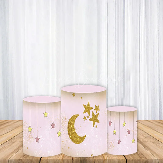 Lofaris Pink Gold Glitter Moon and Stars Cylinder Pedestal Cover Dreamy Celestial Baby Shower Birthday Party Decor