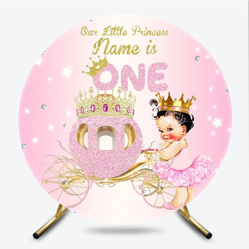 Lofaris Pink Gold Glitter Princess First Birthday Round Backdrop Our Little ONE Baby Girl Party Decor