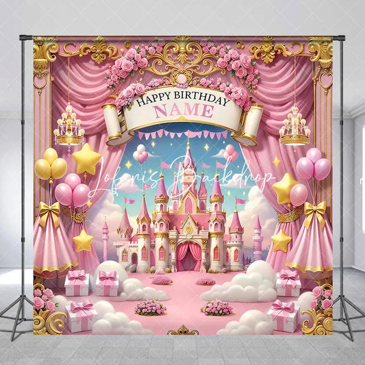 Lofaris Pink Gold Princess Castle Happy Birthday Custom Backdrop with Balloons and Stars Fairytale Dreamy Party Decor