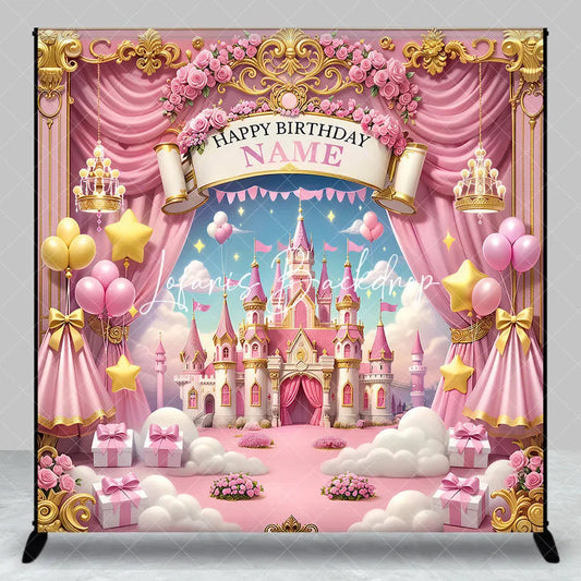 Lofaris Pink Gold Princess Castle Happy Birthday Custom Backdrop with Balloons and Stars Fairytale Dreamy Party Decor