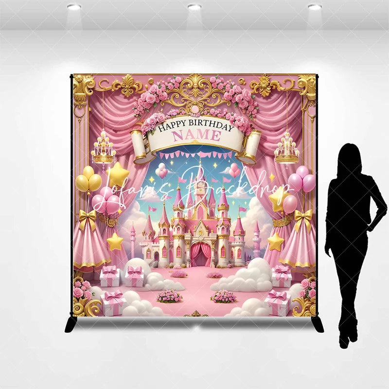 Lofaris Pink Gold Princess Castle Happy Birthday Custom Backdrop with Balloons and Stars Fairytale Dreamy Party Decor