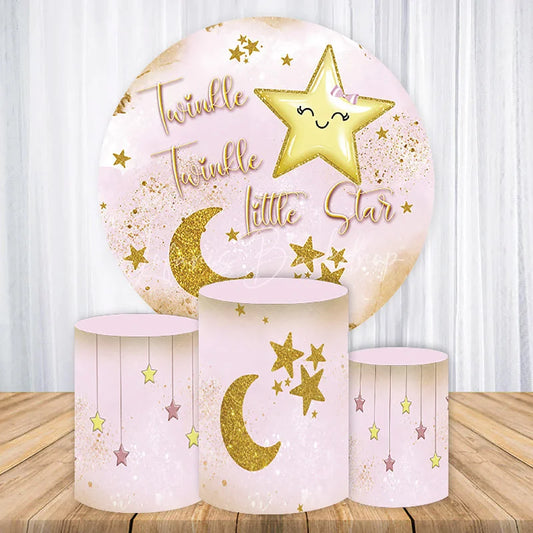 Lofaris Pink Gold Twinkle Little Star Round Backdrop Kit Baby Shower Birthday Party Decor