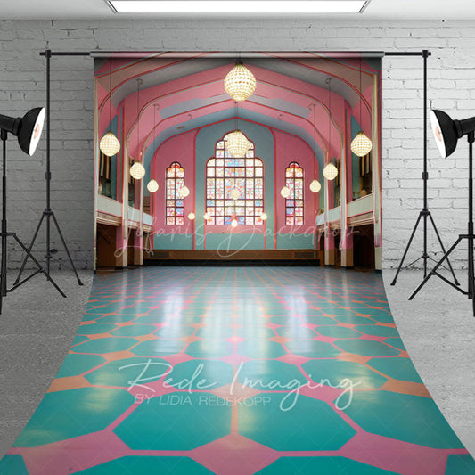 Lofaris Pink Green Dance Hall Architecture Photo Backdrop