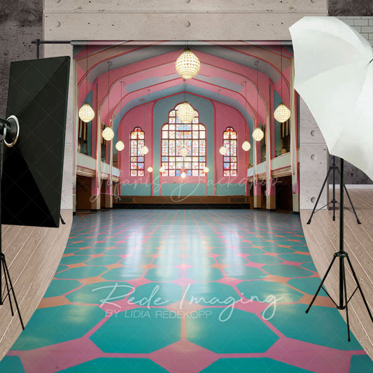 Lofaris Pink Green Dance Hall Architecture Photo Backdrop