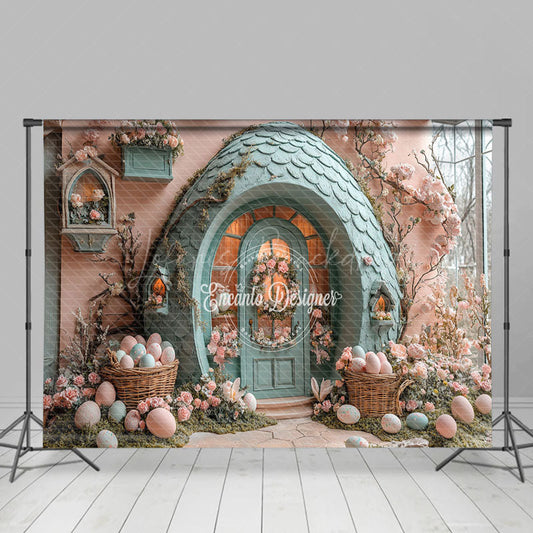Lofaris Pink Green House Floral Eggs Easter Photo Backdrop