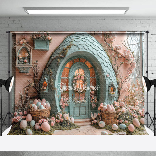 Lofaris Pink Green House Floral Eggs Easter Photo Backdrop
